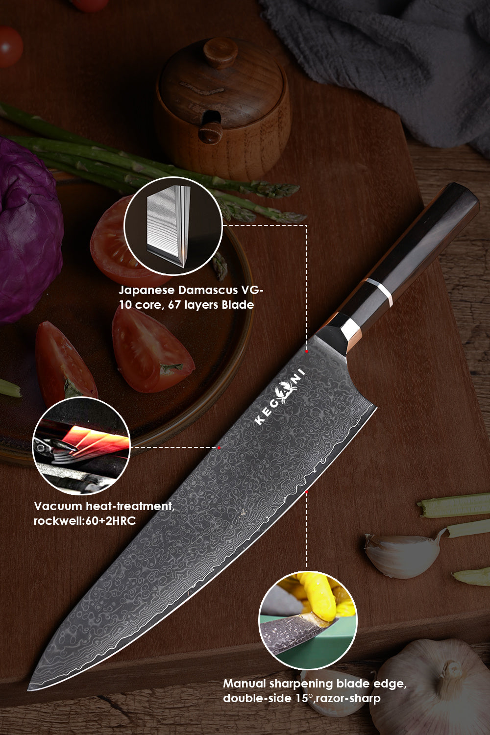 Shopi Vella 8 inch Damascus sushi knife with VG-10 core, 67 layers blade and razor-sharp edge
