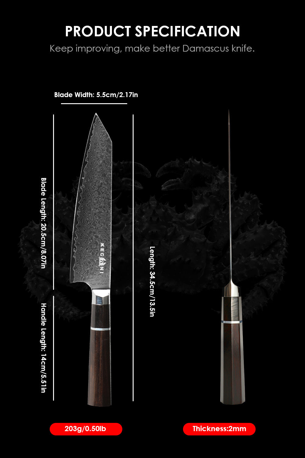 Shopi Vella 8 inch Damascus sushi knife with detailed blade and handle measurements on black background