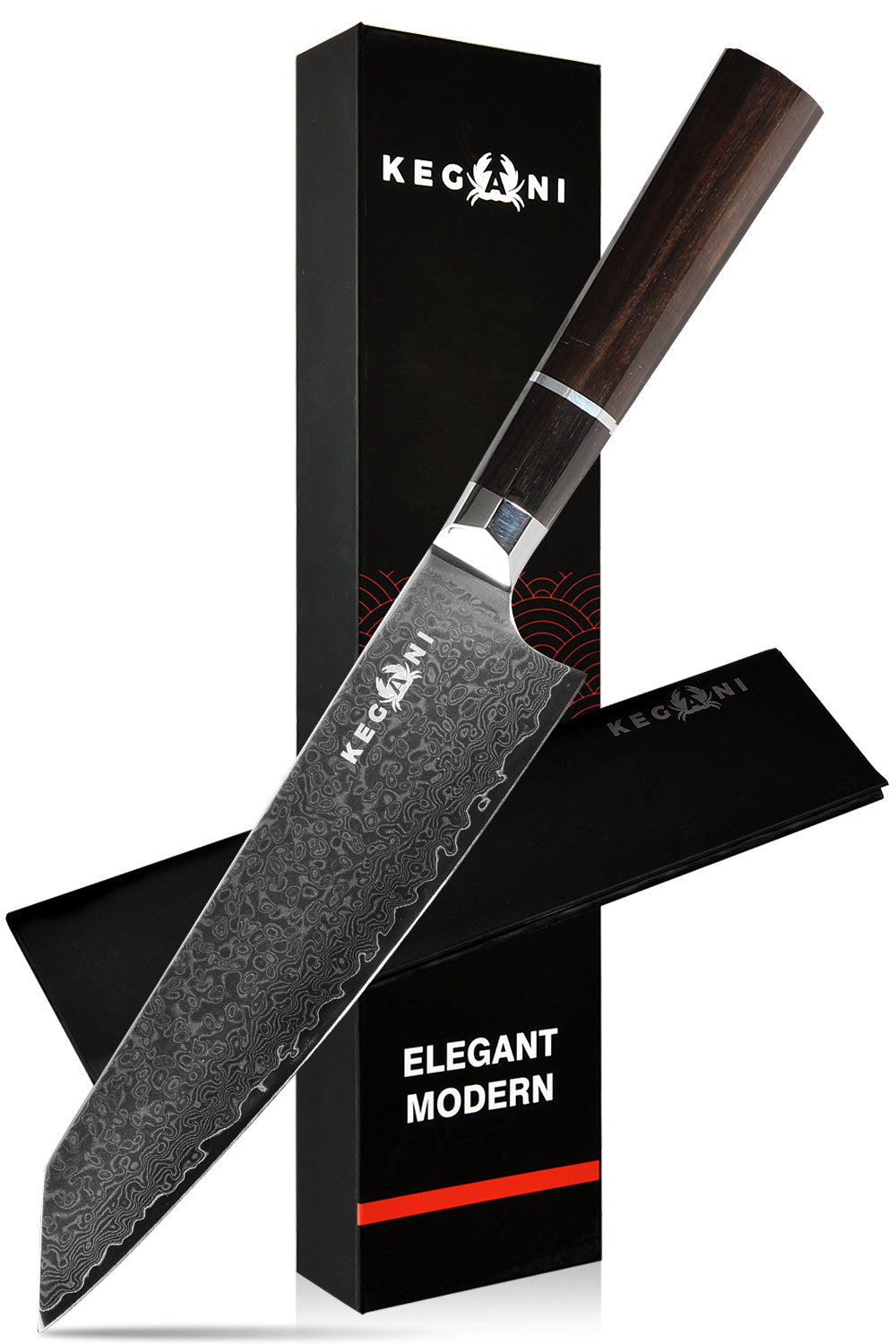 Shopi Vella 8 inch Damascus sushi knife with elegant patterned blade and dark wooden handle