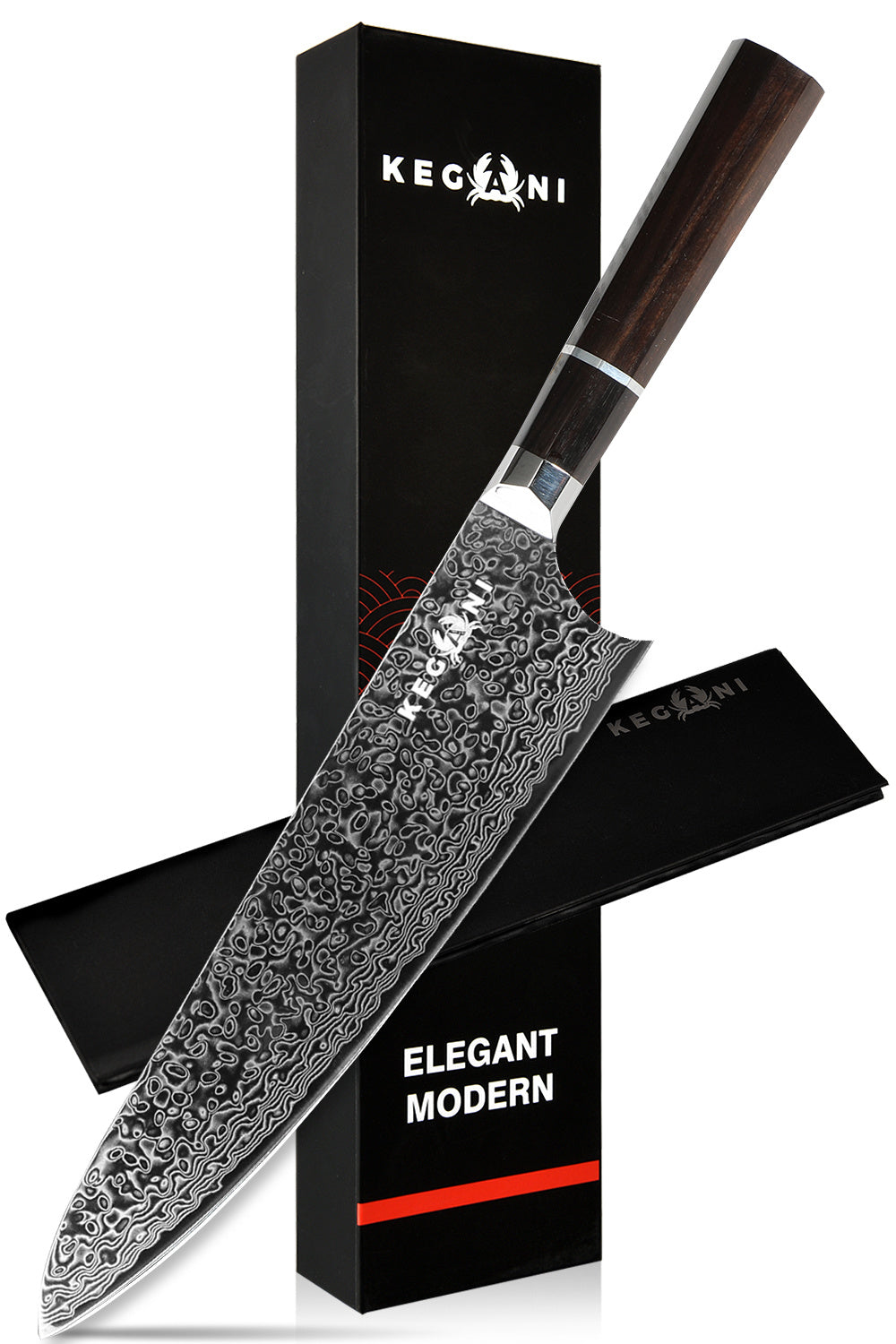 Shopi Vella 8 inch Damascus sushi knife with intricate patterned blade and wooden handle