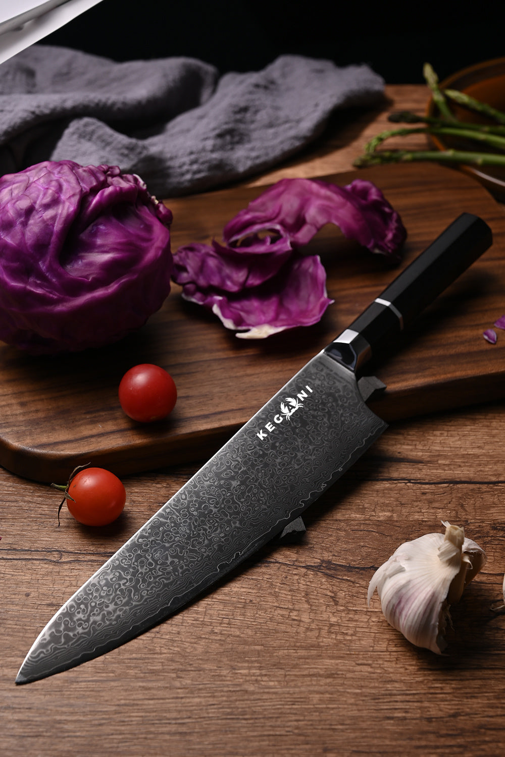 8 inch Damascus sushi knife with textured blade and black handle on wooden cutting board with vegetables
