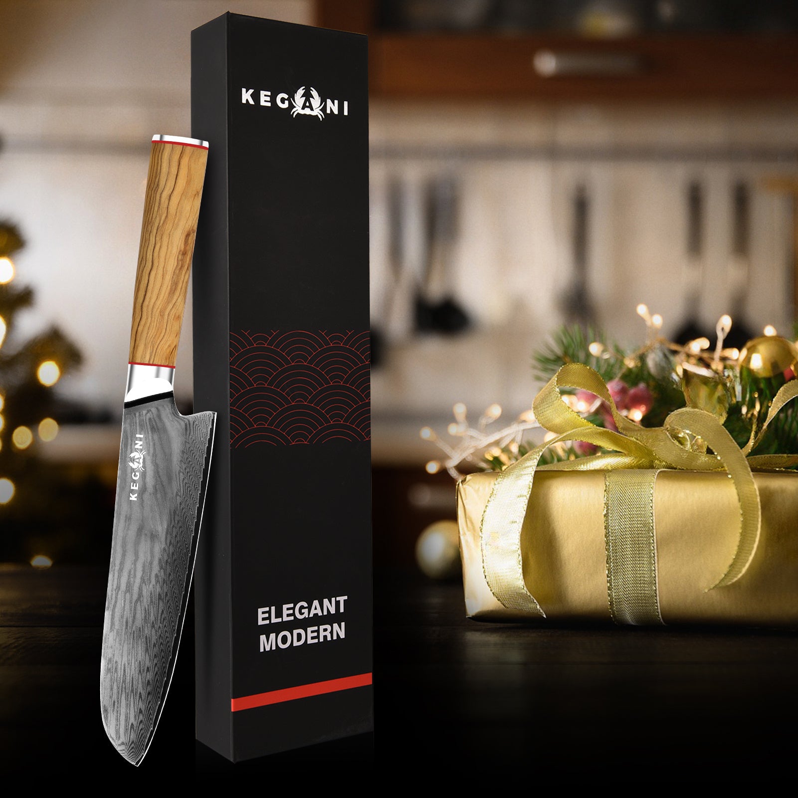 8 inch kiritsuke kitchen knife with wooden handle next to elegant modern black packaging box