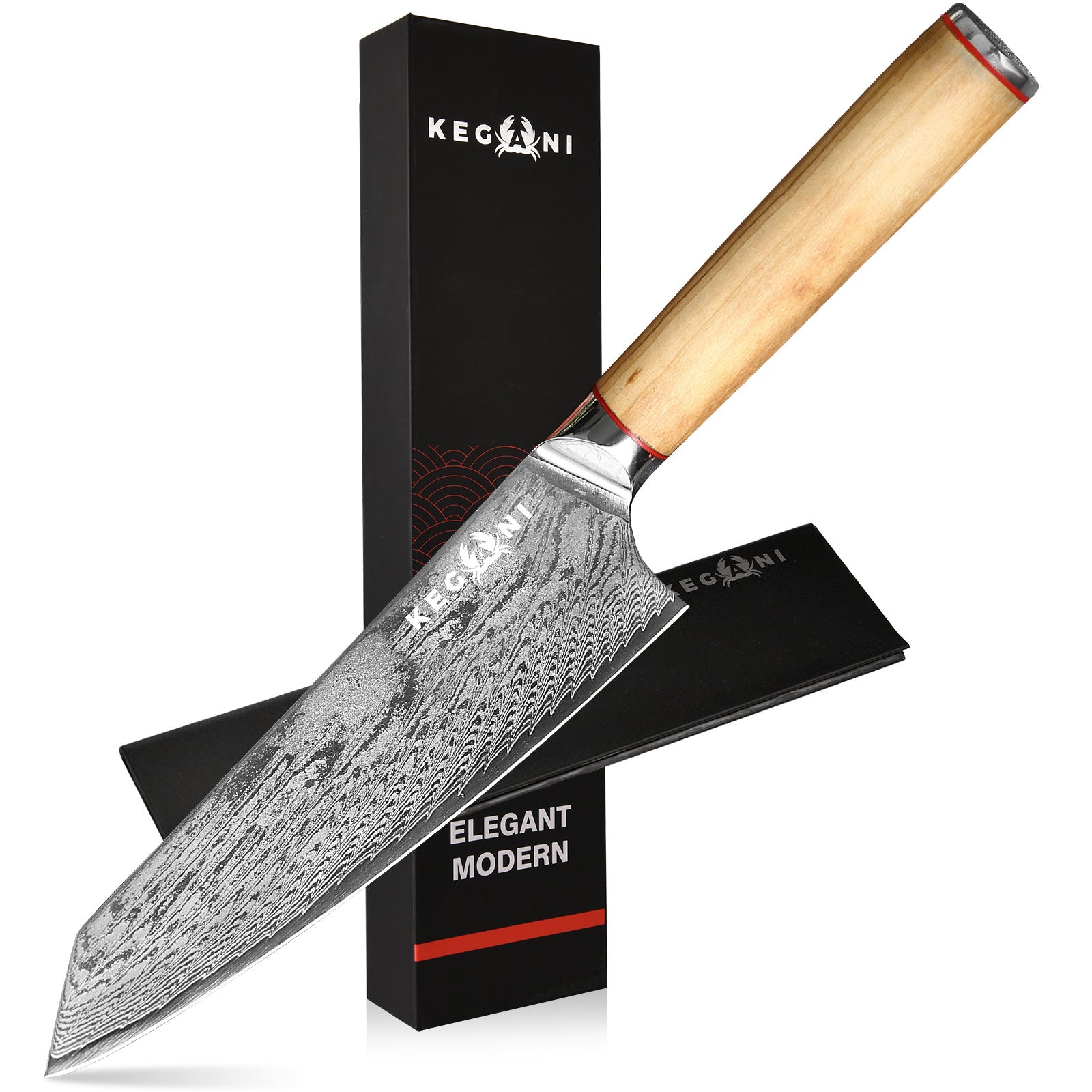 Shopi Vella 8 inch kiritsuke kitchen knife with wooden handle and patterned steel blade
