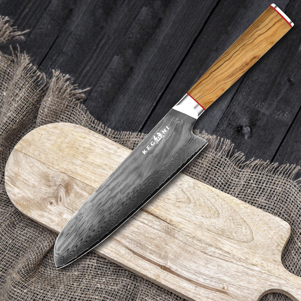 Shopi Vella 8 inch kiritsuke kitchen knife with a patterned blade and wooden handle on wooden cutting board