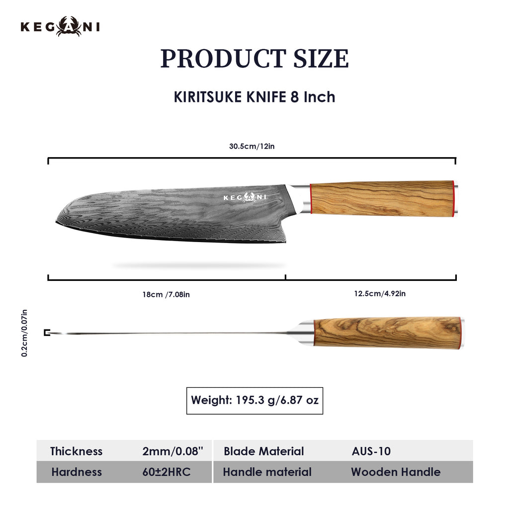 8 inch kiritsuke kitchen knife with wooden handle and AUS-10 blade by Shopi Vella showing detailed size and specifications