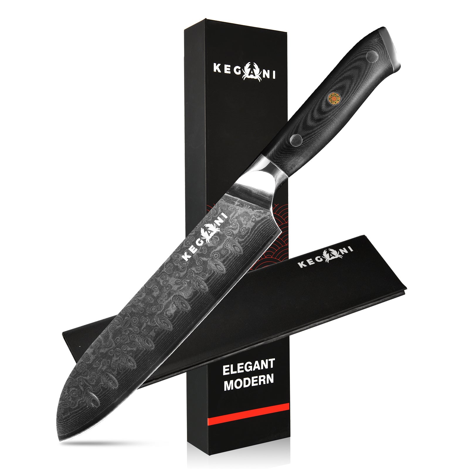 Shopi Vella Damascus chef knife 8 inch with patterned blade and ergonomic black handle in elegant modern packaging