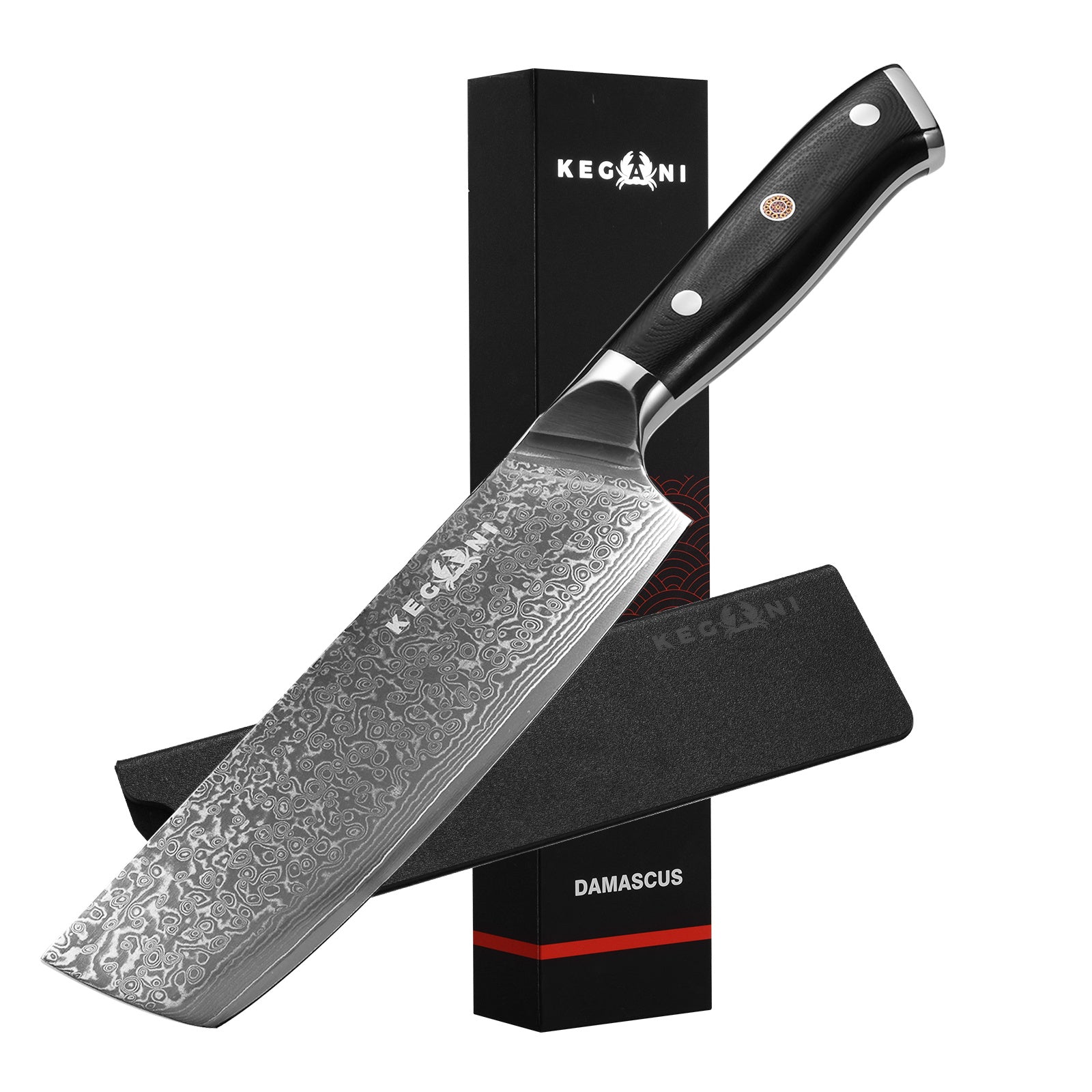 Damascus chef knife 8 inch with patterned blade and black handle displayed with black packaging box