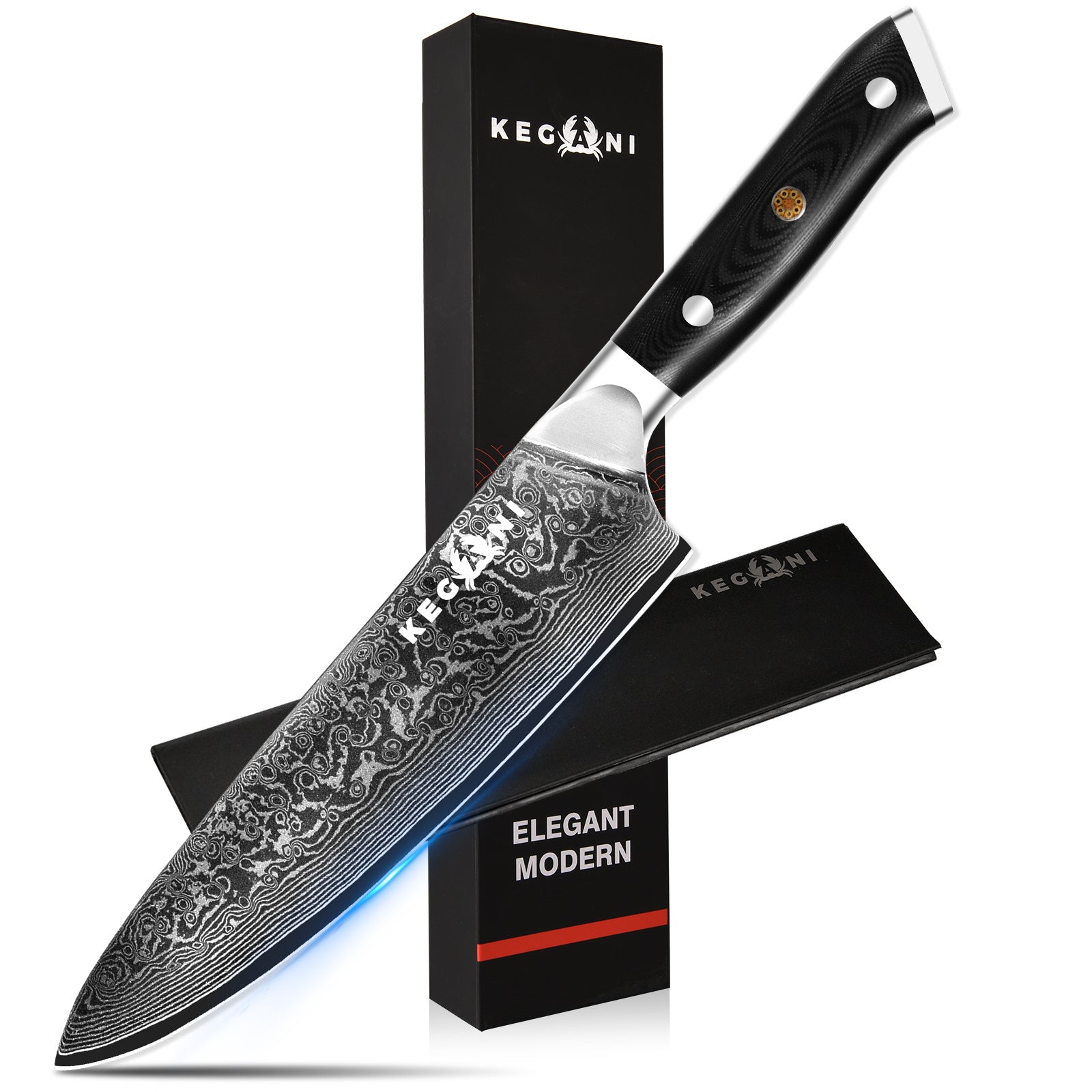 Damascus chef knife 8 inch with patterned blade and black ergonomic handle by Shopi Vella