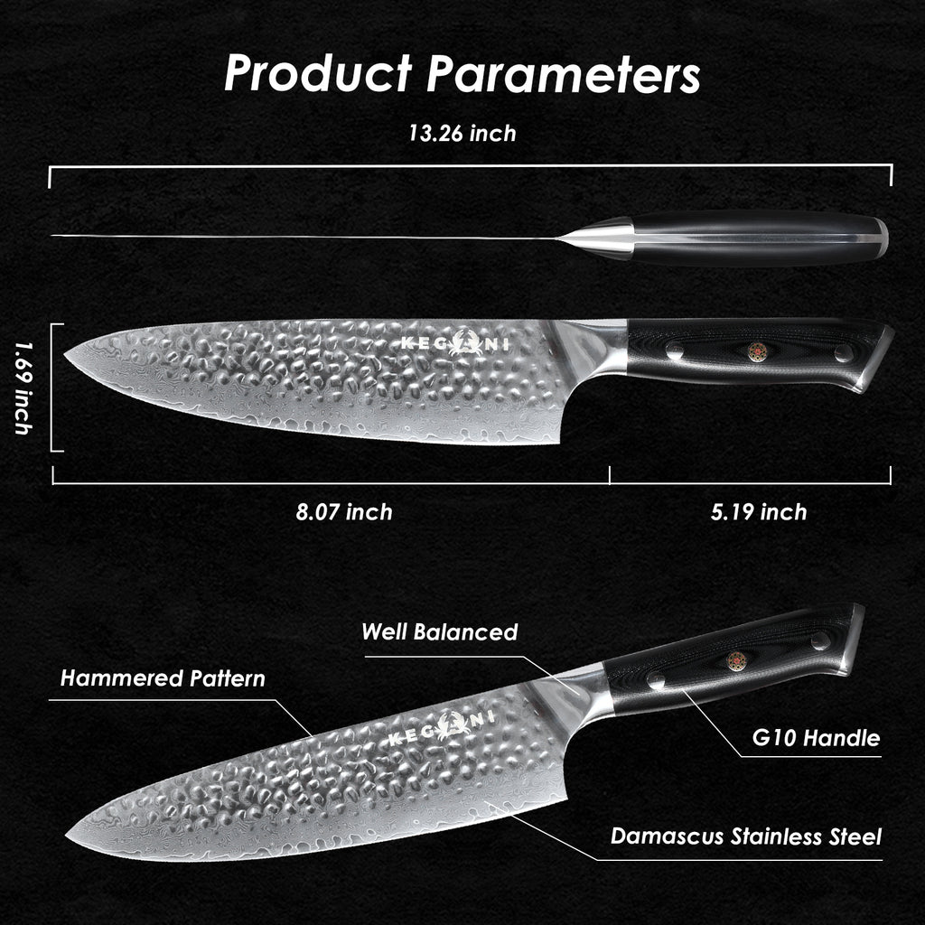 Shopi Vella Damascus chef knife 8 inch with hammered pattern blade and G10 handle for precise cutting