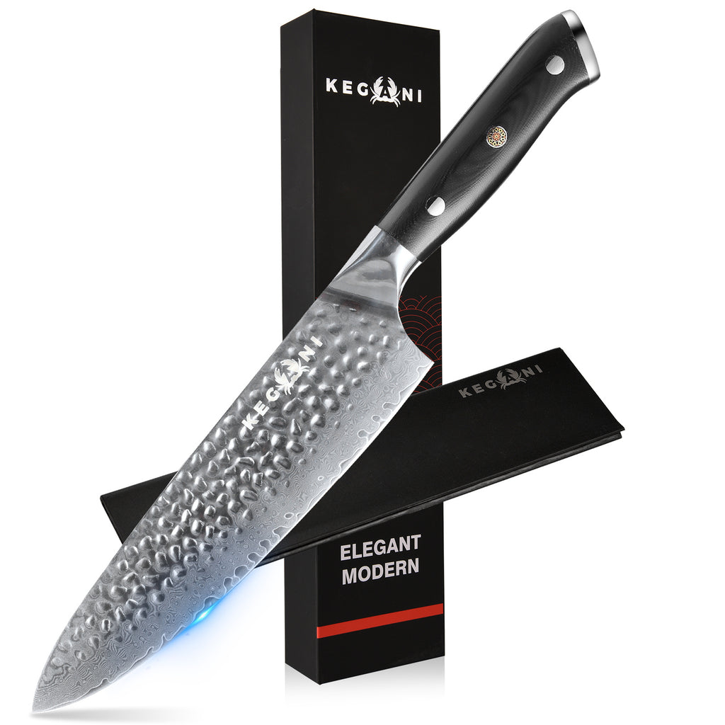 Shopi Vella Damascus chef knife 8 inch with hammered blade and ergonomic black handle