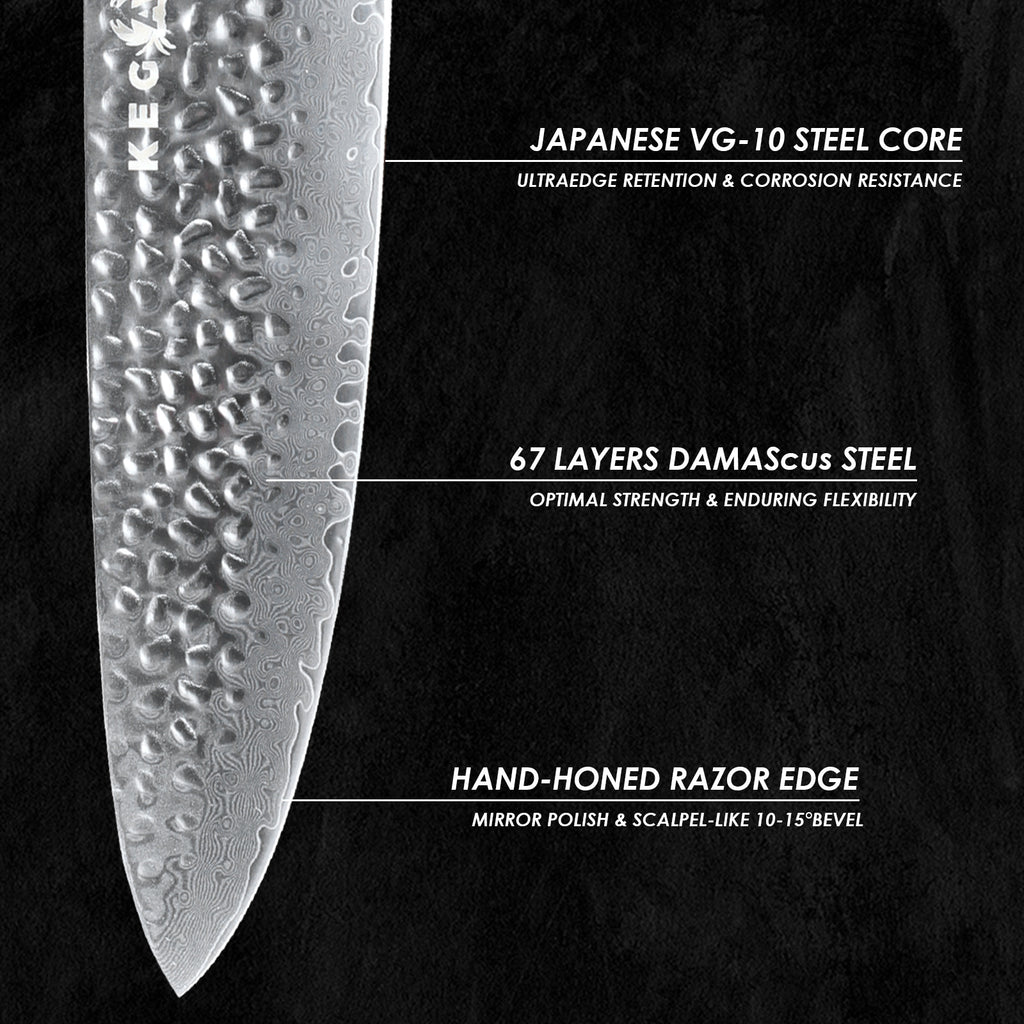 Close-up of Damascus chef knife 8 inch blade with Japanese VG-10 steel core and hand-honed razor edge