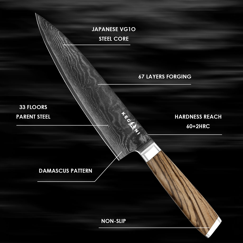 Ergonomic full tang chef knife with Damascus pattern blade and wooden non-slip handle