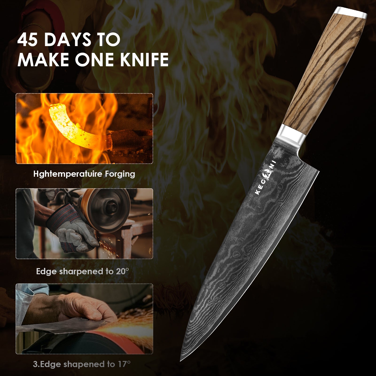 Shopi Vella ergonomic full tang chef knife with wood handle and patterned blade for precision cutting