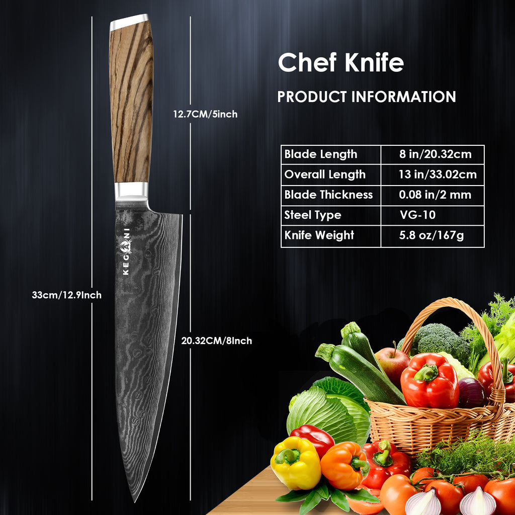 Ergonomic full tang chef knife with wooden handle and 8 inch VG-10 blade beside fresh vegetables
