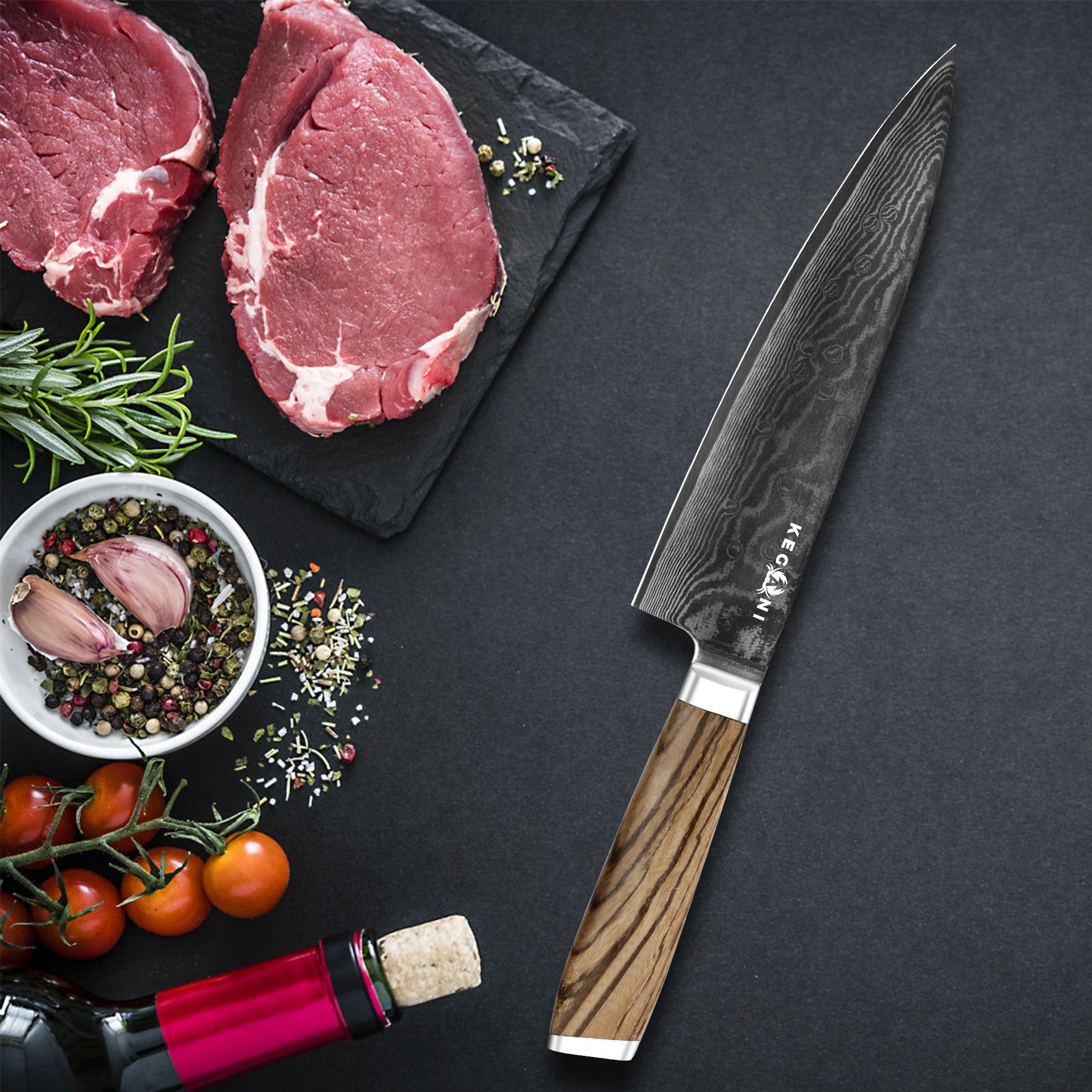 Ergonomic full tang chef knife with wooden handle next to raw steaks garlic and cherry tomatoes