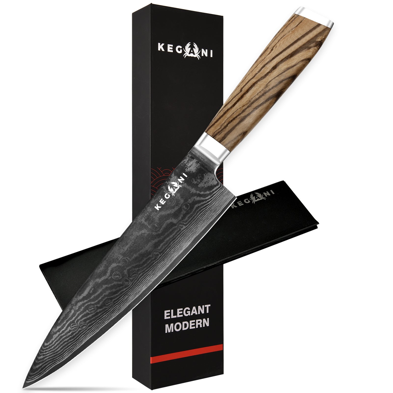 Ergonomic full tang chef knife with wooden handle and patterned blade by Shopi Vella