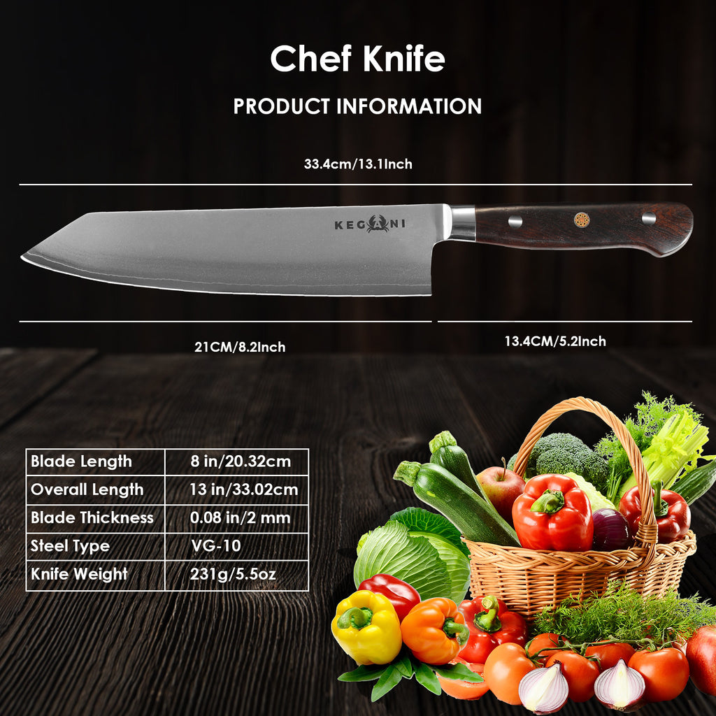 Ergonomic handle chef knife with 13 inch blade and wooden grip displayed with fresh vegetables basket
