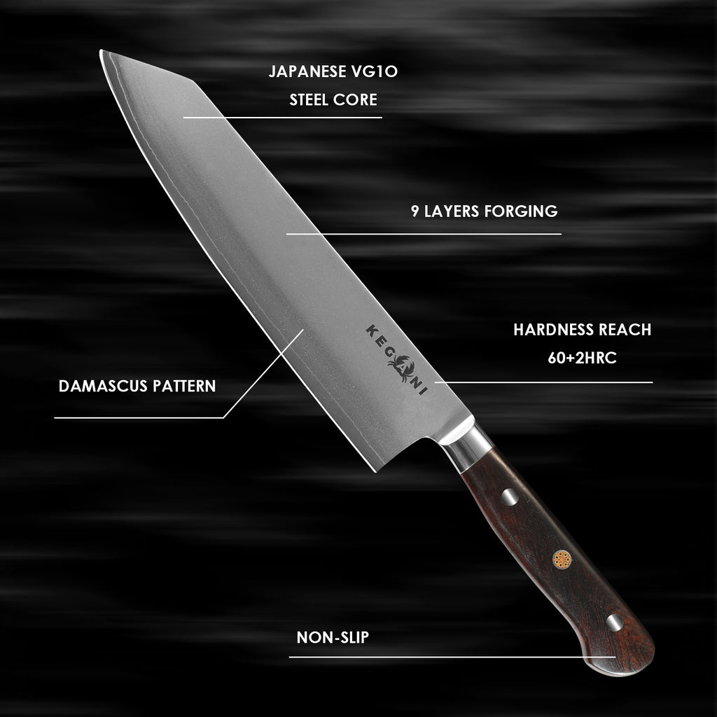 Ergonomic handle chef knife with Japanese VG10 steel core and Damascus pattern by Shopi Vella