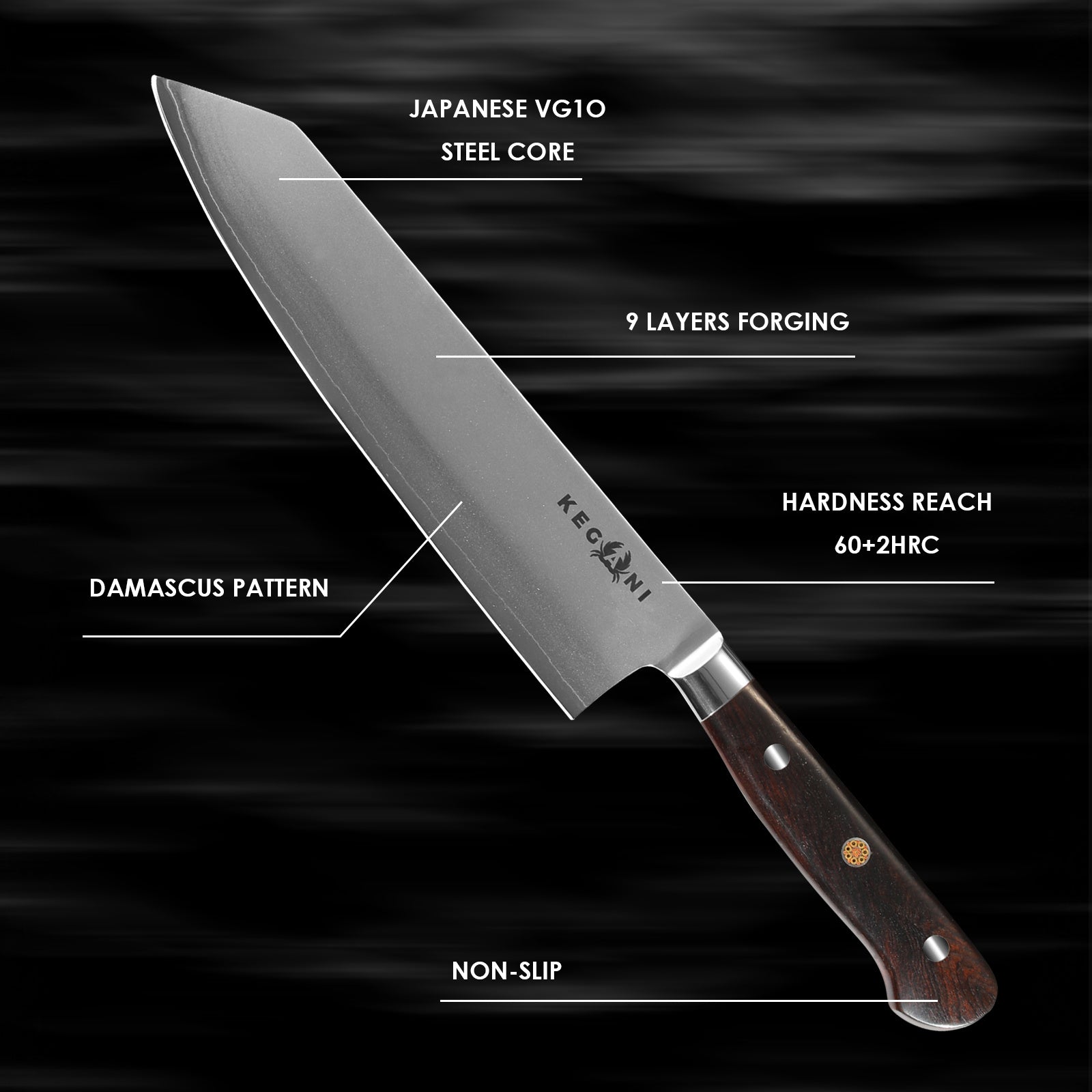 Ergonomic handle chef knife with Japanese VG10 steel core and Damascus pattern by Shopi Vella