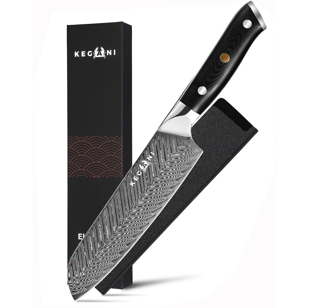 G10 handle Japanese knife with sheath by Shopi Vella featuring detailed blade pattern and protective black case
