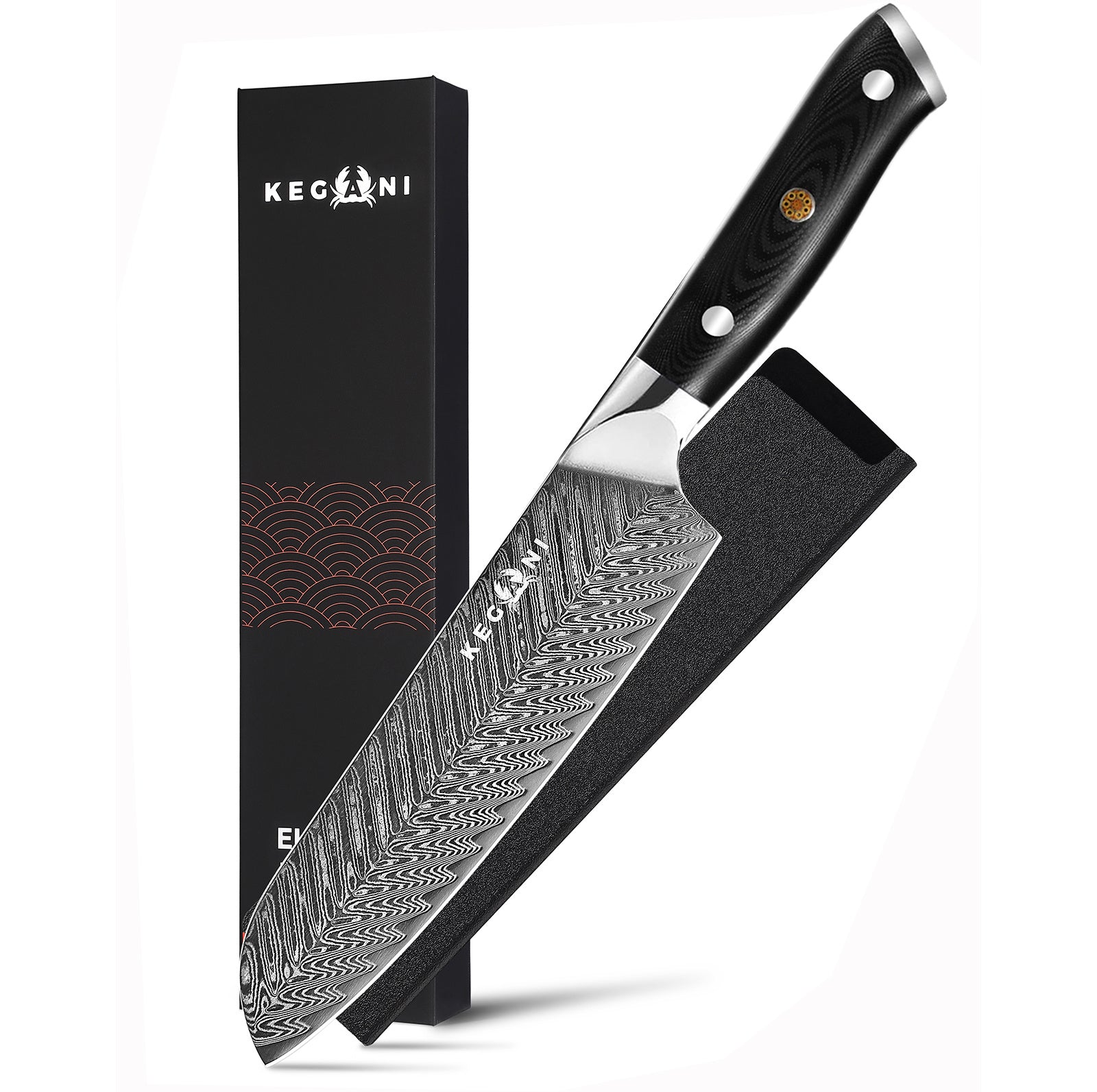 G10 handle Japanese knife with sheath featuring patterned blade and ergonomic black handle