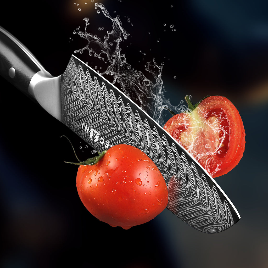 G10 handle Japanese knife with sheath slicing a fresh tomato with water splash effect