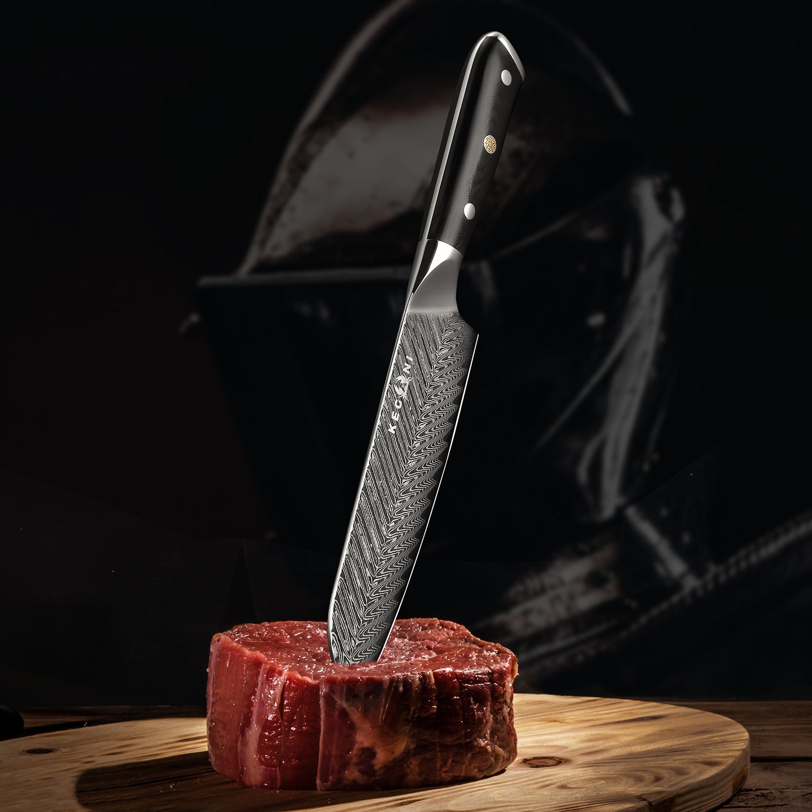 G10 handle Japanese knife with sheath stabbed into thick cut of raw steak on wooden cutting board