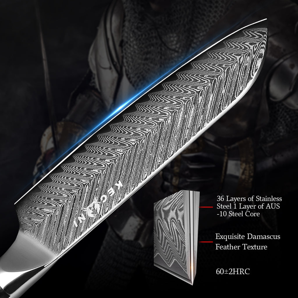 Shopi Vella G10 handle Japanese knife with sheath featuring Damascus feather texture blade