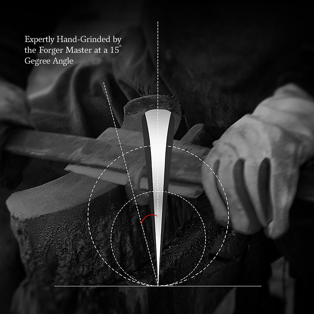 Craftsman hand-grinding a G10 handle Japanese knife with sheath at a 15 degree angle