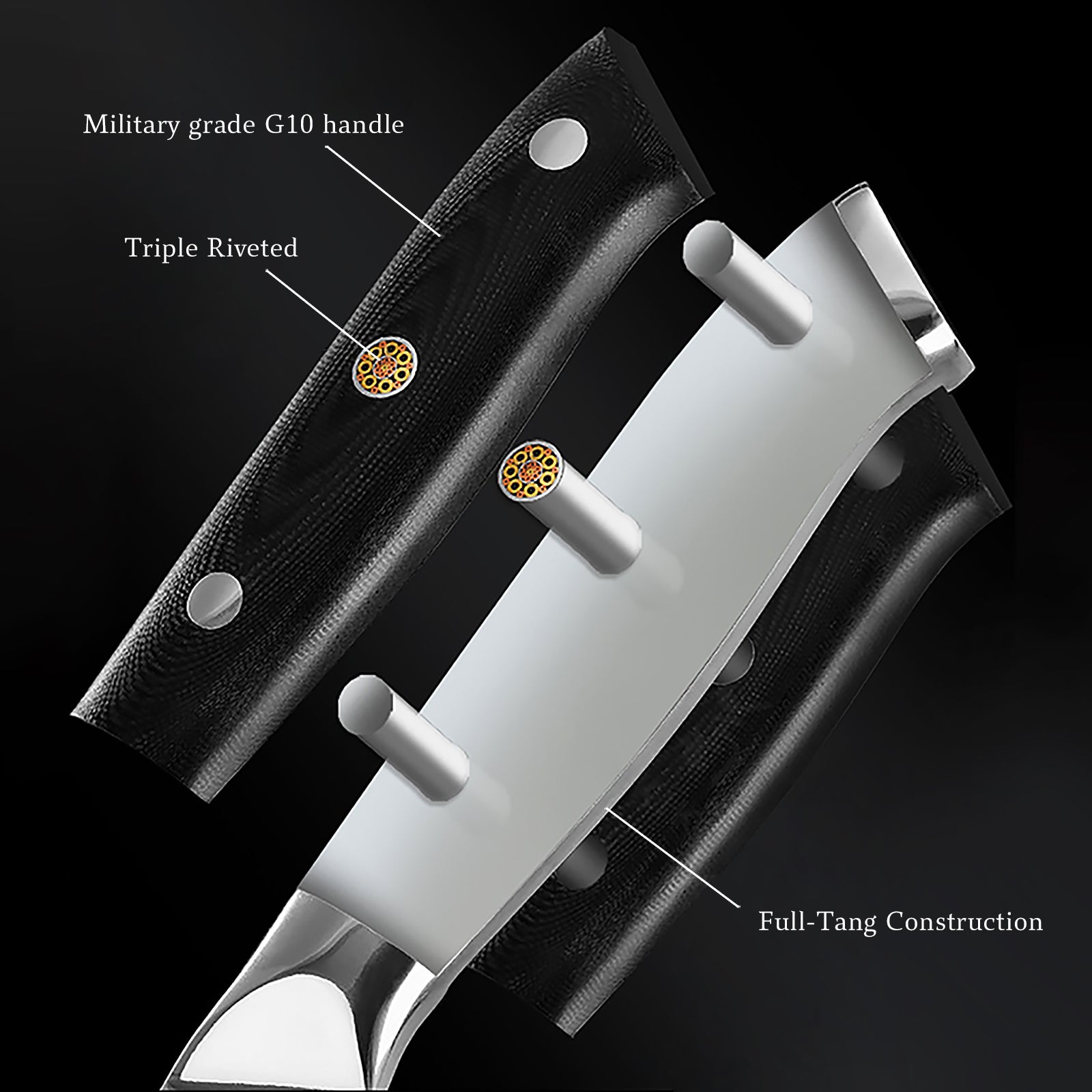 Black G10 handle Japanese knife with sheath showing triple riveted construction and full tang design