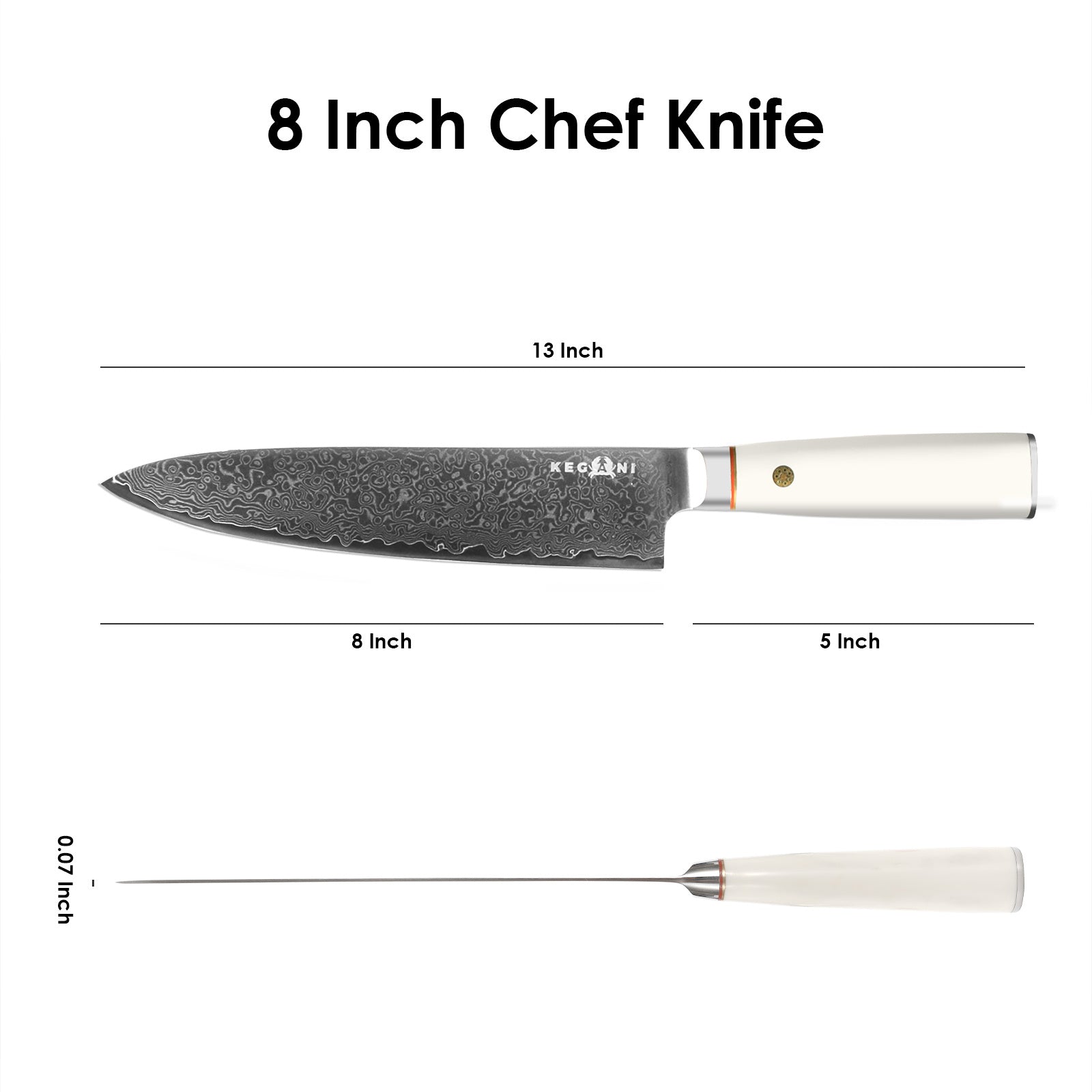 8 inch ultra-sharp chef knife ergonomic handle with patterned blade and white handle