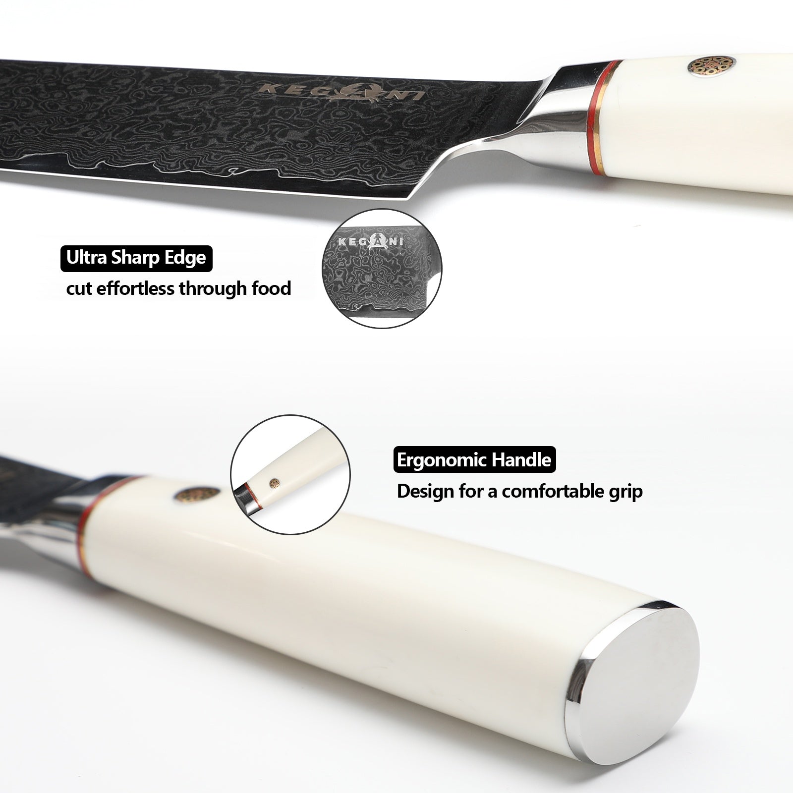 Shopi Vella ultra-sharp chef knife ergonomic handle with detailed blade and comfortable white handle