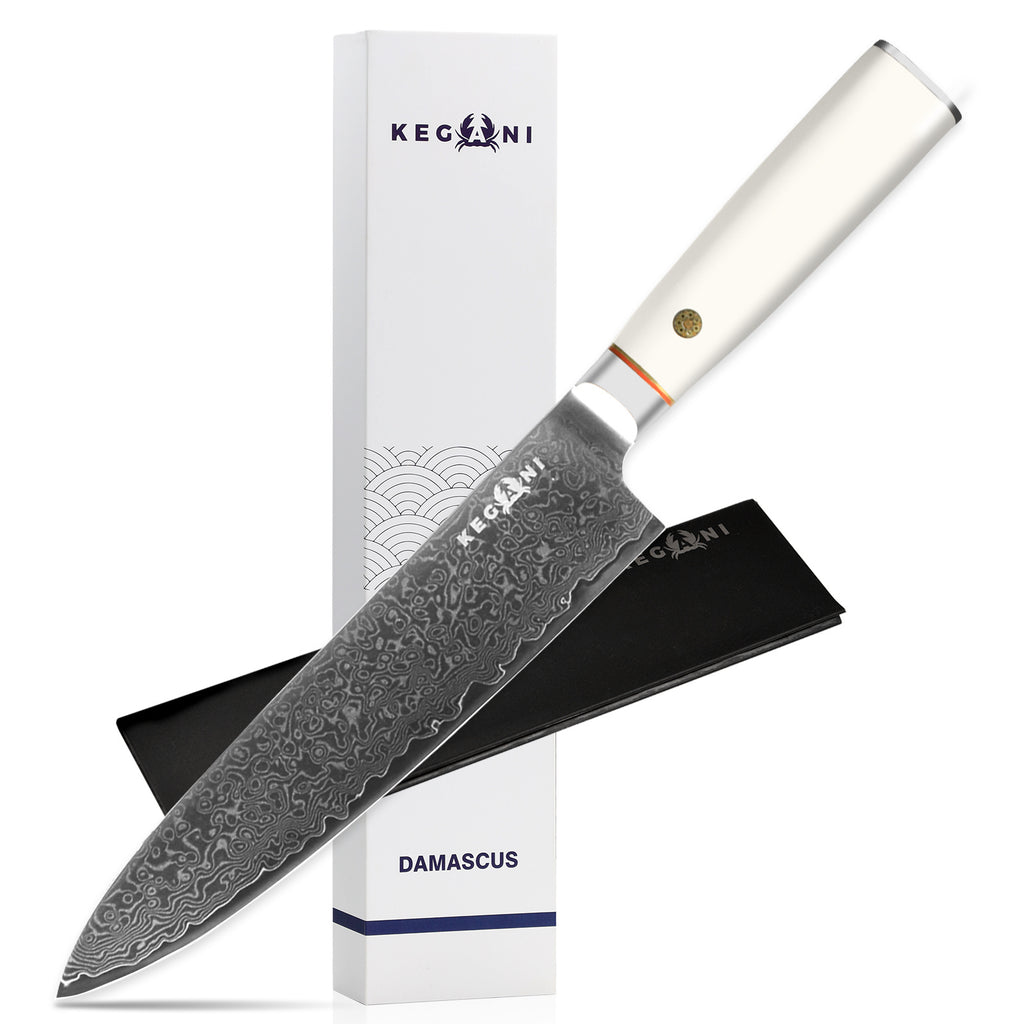 Damascus kitchen knife with ultra-sharp chef knife ergonomic handle and textured blade next to packaging