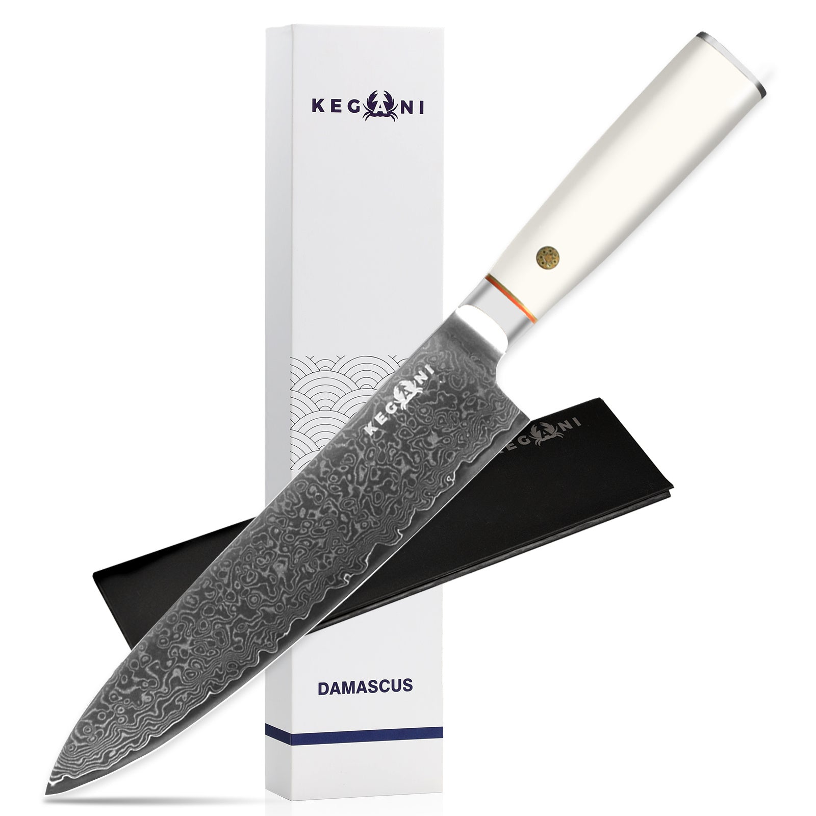 Damascus kitchen knife with ultra-sharp chef knife ergonomic handle and textured blade next to packaging