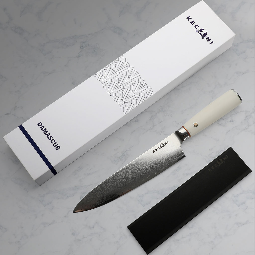 Ultra-sharp chef knife ergonomic handle with Damascus steel blade and white handle by Shopi Vella