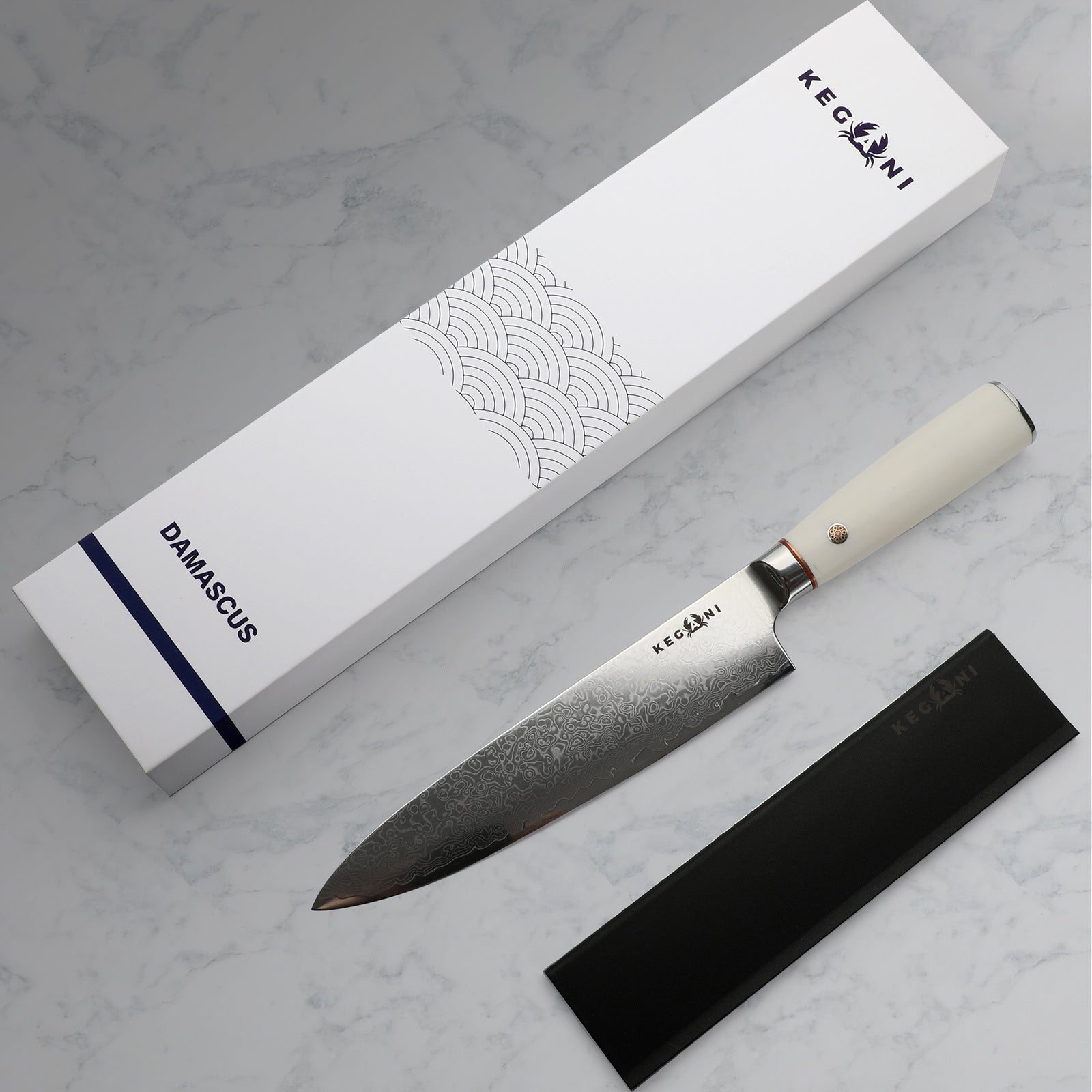 Ultra-sharp chef knife ergonomic handle with Damascus steel blade and white handle by Shopi Vella