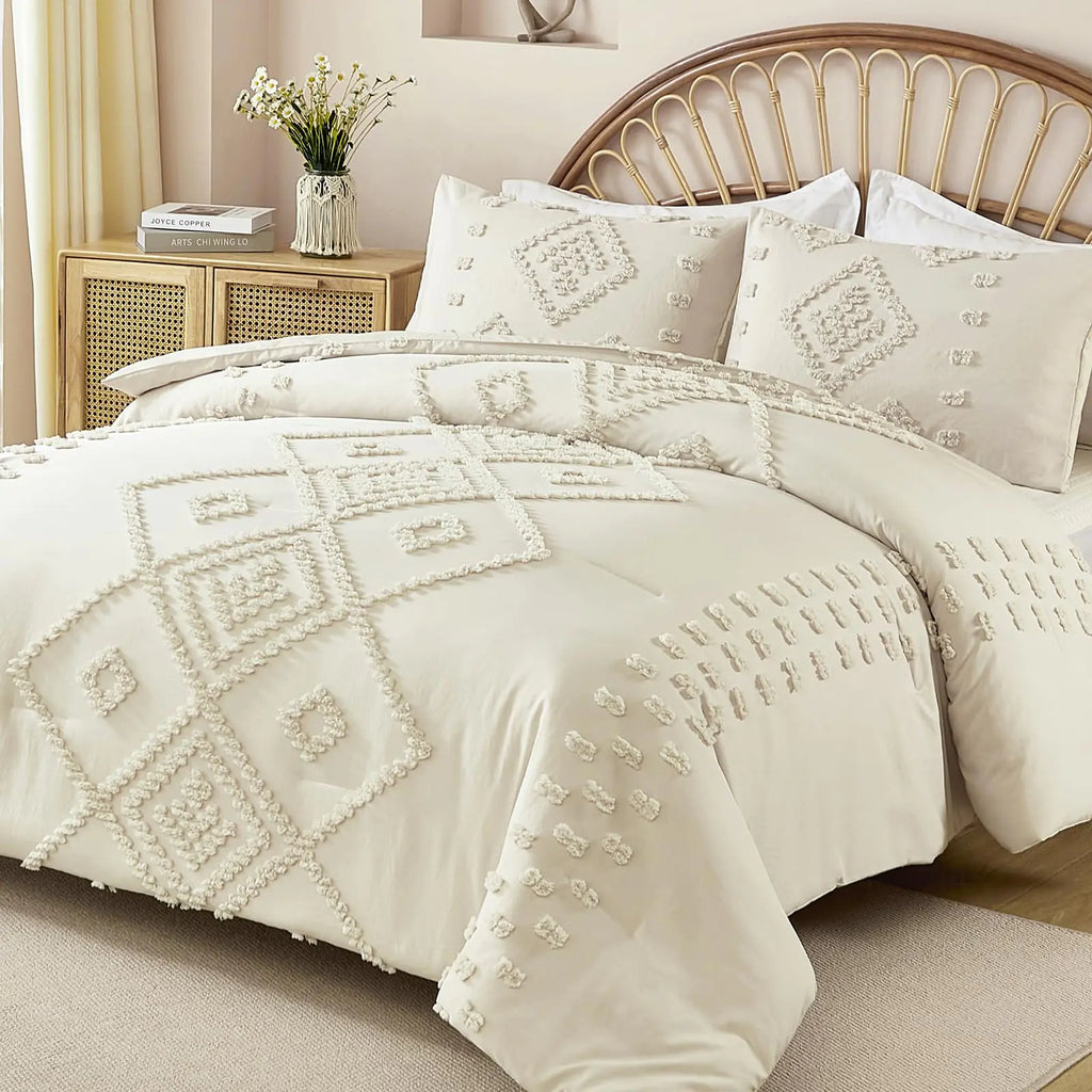 Cozy king size boho comforter set in neutral cream color with textured geometric patterns on bed