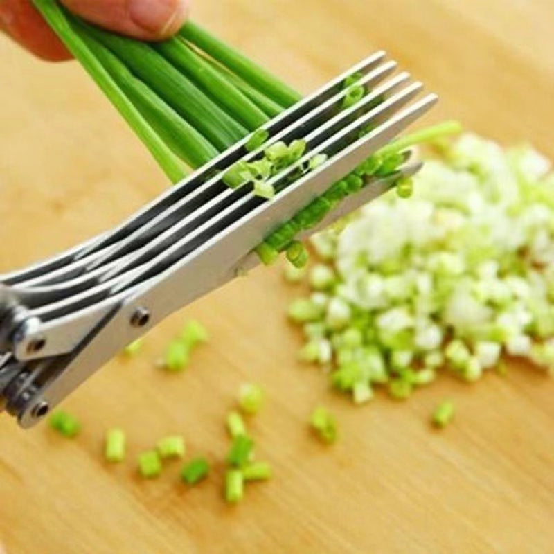 Shopi Vella 5-layer herb scissors cutting green onions on wooden surface for home storage