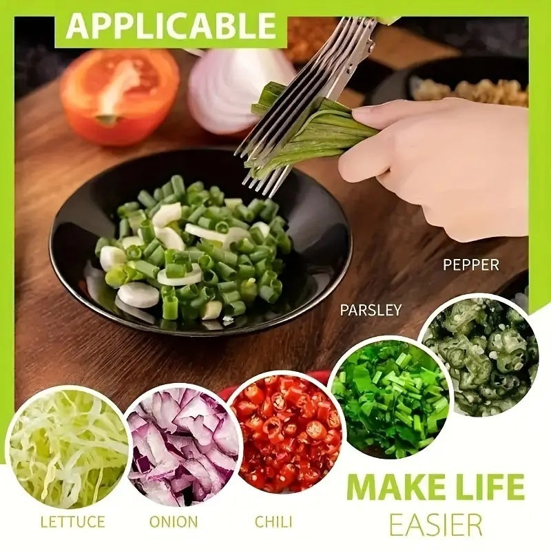 Shopi Vella 5-layer herb scissors chopping green onions over black bowl for home storage