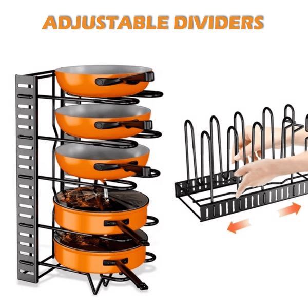 Shopi Vella adjustable dividers kitchen cabinet organizers holding orange pots and pans neatly