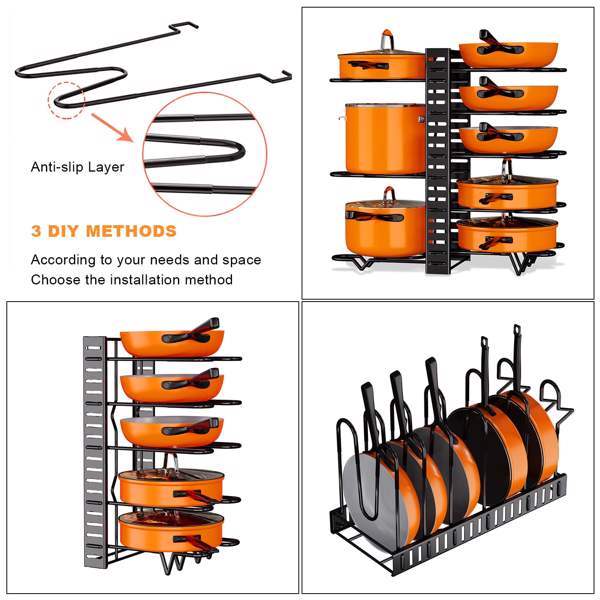 Shopi Vella kitchen cabinet organizers with anti-slip layer holding orange pots and pans for efficient home storage