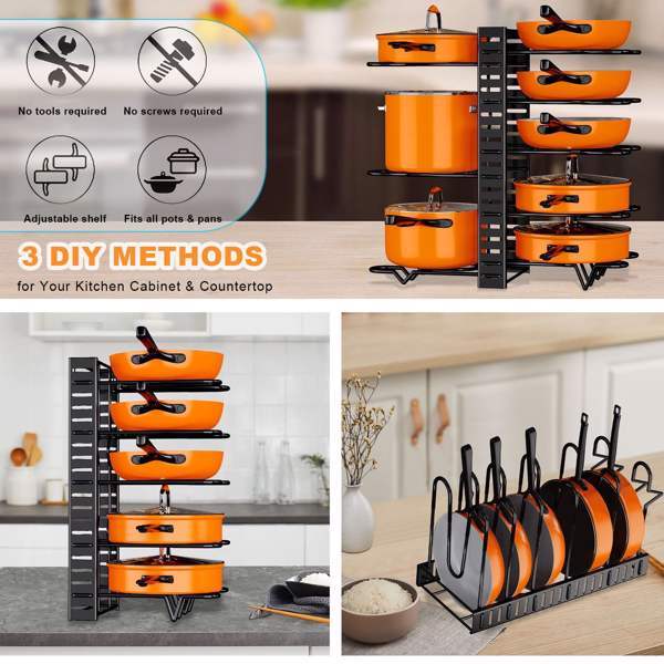 Shopi Vella kitchen cabinet organizers with adjustable shelves holding orange pots and pans for home storage