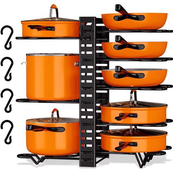 Shopi Vella kitchen cabinet organizers holding orange pots and pans for efficient home storage