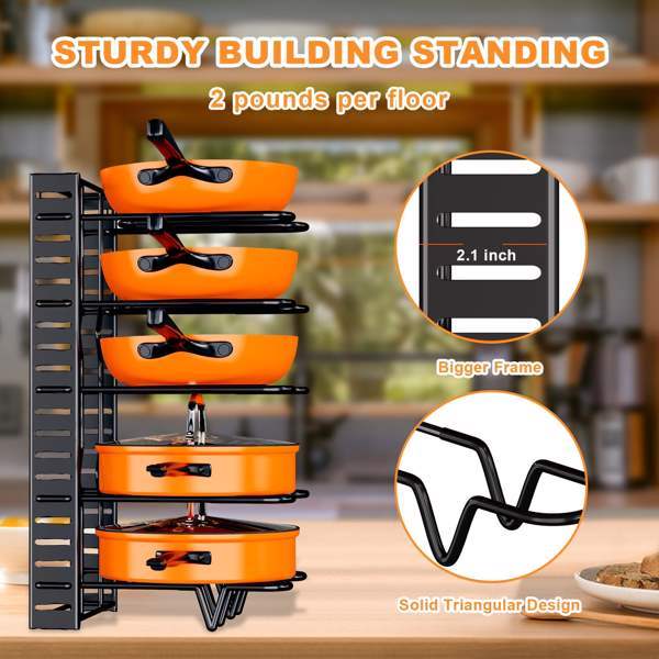 Shopi Vella kitchen cabinet organizers sturdy black metal rack holding orange pans with solid triangular design
