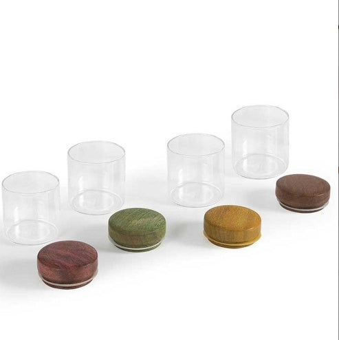 Shopi Vella kitchen canister set for pantry organization with clear glass jars and colorful wooden lids