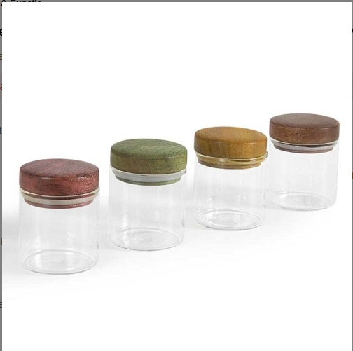 Shopi Vella kitchen canister set for pantry organization with clear jars and colorful wooden lids
