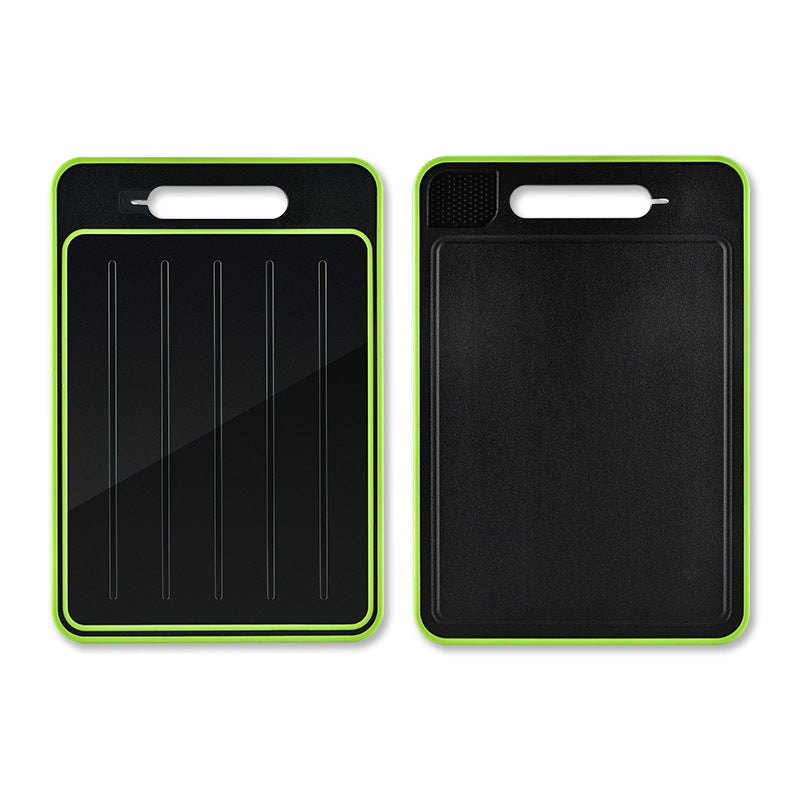 Shopi Vella kitchen chopping board with knife sharpener in black with green edges and handle
