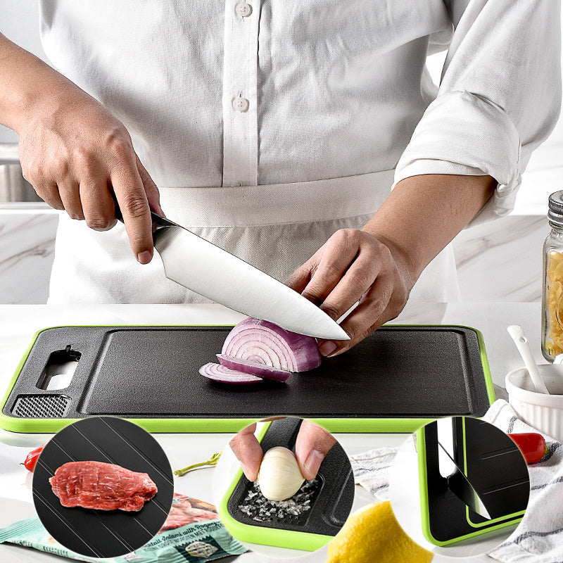 Kitchen chopping board with knife sharpener slicing red onion with close-ups of meat cutting and sharpening features