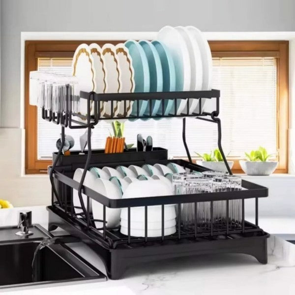 Shopi Vella kitchen countertop water filter rack with two-tier design holding plates glasses and utensils