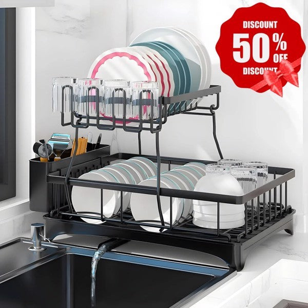 Shopi Vella kitchen countertop water filter rack with two-tier black metal dish drying shelves and utensil holder